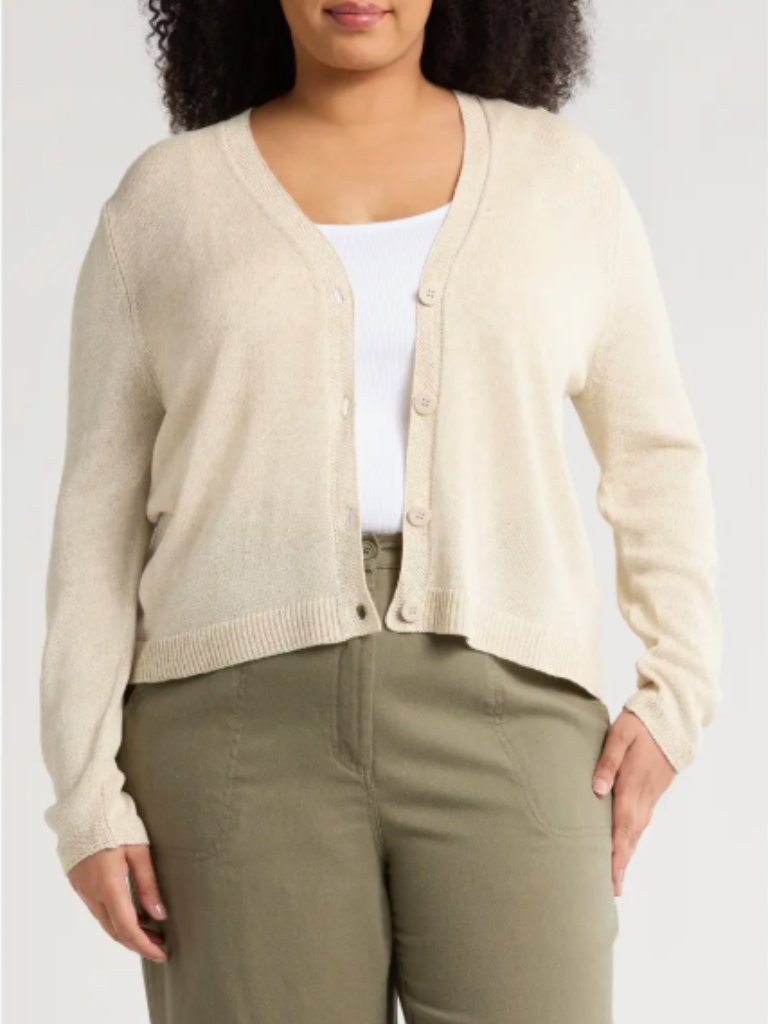 Max Studio V-Neck Button Front Cardigan Oyster 1x